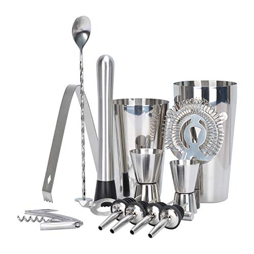 Coctelera Boston, juego de 13 piezas de acero inoxidable para hacer cócteles con muddler, Jigger, vertedores, corksrew, colador, pinzas para hielo, cuchara, abridor de botellas (800/600ML)