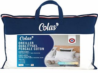 Colas Normand 73130210 Qualitygel Almohada de Percal, 100% Algodón, 45 x 70 cm, Soporte Cervical, Sensación de Memoria, Calidad Hotel, Suave, Fabricado en Francés, Blanco