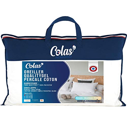 Colas Normand 73130210 Qualitygel Almohada de Percal, 100% Algodón, 45 x 70 cm, Soporte Cervical, Sensación de Memoria, Calidad Hotel, Suave, Fabricado en Francés, Blanco