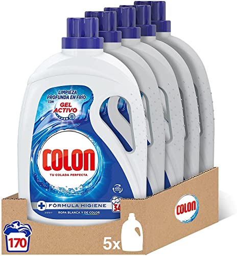 Colon Gel Activo - Detergente para lavadora líquido, fórmula higiene, adecuado para ropa blanca y de color, formato gel - pack de 5, hasta 170 dosis