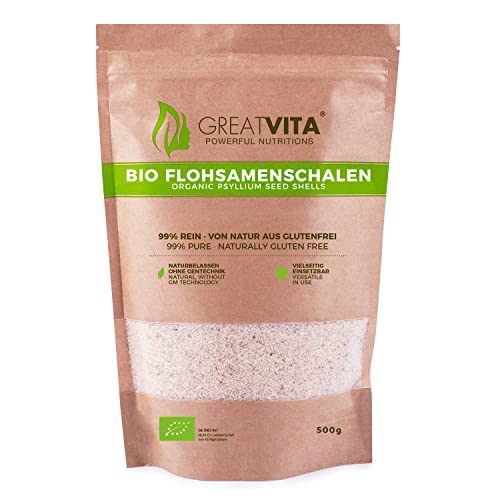 Cáscaras de psyllium orgánico MeaVita, 99% puro, (1 x 500g) cáscaras de psyllium indio, alta fibra y vegano