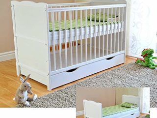 Cuna con cajón y tapa, con colchón de espuma de aloe vera, altura regulable, color blanco, convertible en cama infantil