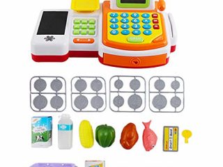 deAO Caja Registradora Electrónica de Juguete con Micrófono, Cinta y Lector de Tarjetas Conjunto de Accesorios de Tienda y Supermercado Infantil Incluye Alimentos de Juguete (Amarilla)