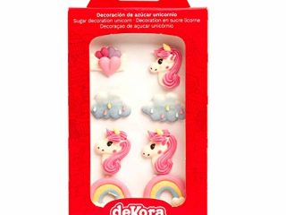 Dekora - Pack de 8 Decoraciones de Azúcar (Unicornio, Arcoiris, Nubes y Corazones), Decoraciones para Tartas de Cumpleaños