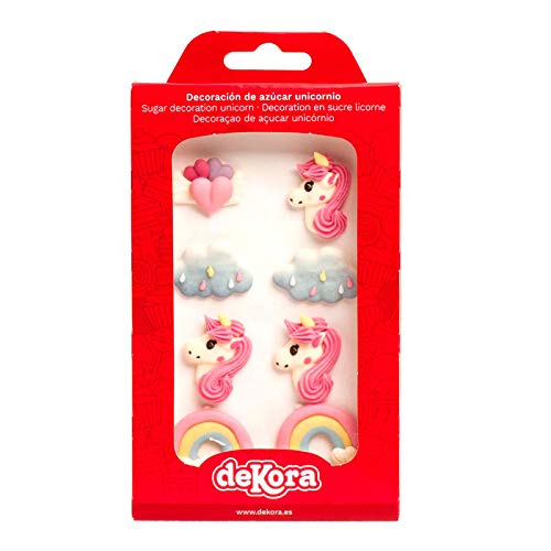 Dekora - Pack de 8 Decoraciones de Azúcar (Unicornio, Arcoiris, Nubes y Corazones), Decoraciones para Tartas de Cumpleaños