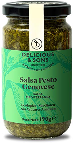 Delicious & Sons Salsa Pesto Genovese Italiana - Ecológica - Sin Transgénicos - Sin Gluten - Con Albahaca Fresca Ecológica, Piñones Italianos y Queso Parmigiano Reggiano DOP 190g