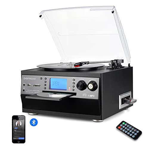 DIGITNOW! Tocadiscos Bluetooth Plato Giradiscos Vinilo,CD,Cassette, Encoding,USB,SD,MMC,Am/FM Radio,3 Velocidades,33/45/78 RPM con Altavoces Incorporados,Vinilo a MP3 Codificación