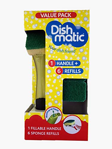Dishmatic - Esponja de lavar los platos, con mango dispensador de jabón, 1 mango rellenable negro y 6 recambios de esponja verdes