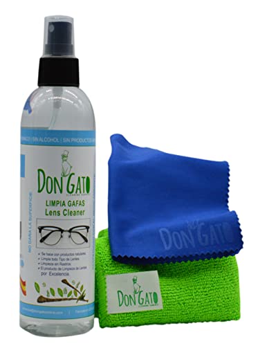 Don Gato - Liquido Limpiador en Spray para Gafas y Lentes (250 ml) + 2 paños de Micro Fibra. Fabricado en España con Productos Naturales, sin Alcohol, sin amoniaco.