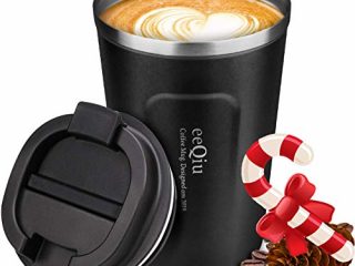 eeQiu Taza de café para Llevar 13oz 100% a Prueba de Fugas - Taza de Viaje de Acero Inoxidable - Taza de automóvil de Doble Pared Tapa de Aislamiento Taza de café Reutilizable ecológica (Negro)