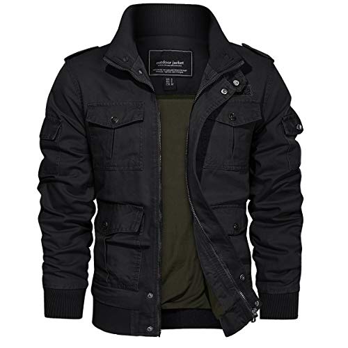 EKLENTSON Chaqueta Otoño Hombre Cortavientos Casual Militar Chaqueta Bolsillo Cremallera Bomber Chaqueta Abrigos, Negro, M