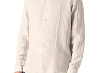 Encontrar. Camisa de lino de manga larga para hombre beige Beige (Beige - 14-1112 Tcx) 44 (Manufacturer Size:XL)