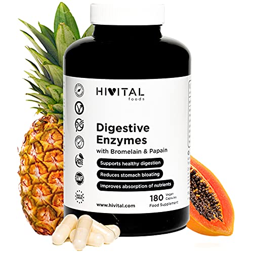Enzimas Digestivas. 180 cápsulas veganas para 6 meses. Amilasa, Proteasa, Lactasa, Lipasa, Celulasa, Bromelina (Bromelaína) y Papaína. Para mejorar la digestión y reducir la hinchazón estomacal