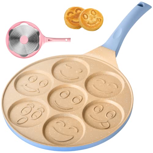 Erreke - Sartén para Tortitas, Molde Tortitas, Todo Tipo de Cocinas Incluso Inducción, Antiadherente, Diseño Caritas, Mango Tacto Suave, Infantil y Divertido, Tamaño 26 cm, Color Azul