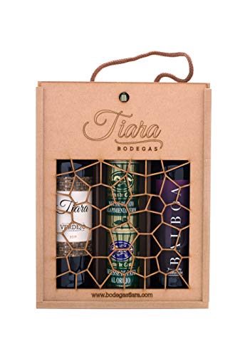 Estuche regalo Gourmet vino madera Bodegas Tiara. Vino Tinto Balboa Crianza Selección, Vino Blanco Tiara Verdejo y selección 3 Mousse de Pato Gourmet