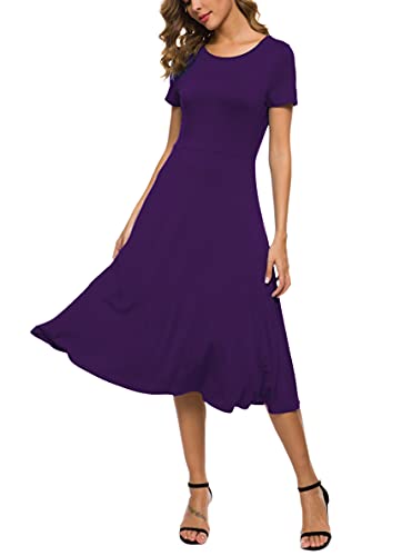 EXCHIC Mujer de Casual Cuello Redondo Manga Corta Color Sólida Vestido (S, Morado)
