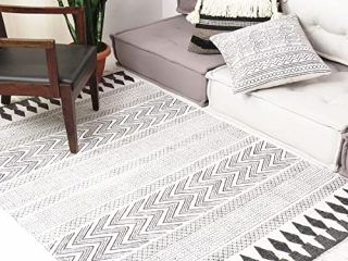Eyes of India - Blanco Negro Algodón Bloque Estampado Área Dhurrie Alfombra Plano Tejido Borla Bohemio Elegante Indio Bohemia Adorno Hecho a Mano Tejido - Blanco, 4 X 6 ft. (120 X 180 cm)
