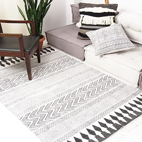 Eyes of India - Blanco Negro Algodón Bloque Estampado Área Dhurrie Alfombra Plano Tejido Borla Bohemio Elegante Indio Bohemia Adorno Hecho a Mano Tejido - Blanco, 4 X 6 ft. (120 X 180 cm)
