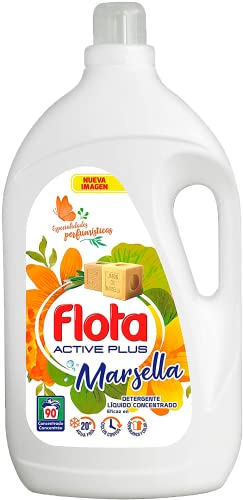 FLOTA | Detergente Líquido Quitamanchas incluso en Agua Fría para Lavadora | Ropa Blanca y de Color | Fragancia Marsella | 90 Lavados