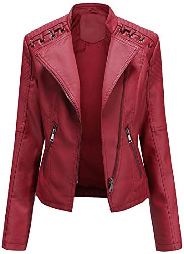 FLYCHEN Mujer Chaqueta Cuero Sintético Biker Chaqueta Saco Blazer Leather Jacket Chaqueta para Mujer Chaqueta con cremallera, Rojo, 2XL