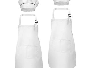 Fodlon Blanco Delantal y Gorro Cocina para Niños, Delantal de Cocina Gorro De Cocinero para Cocinar Hornear Pintura, Ajustable Infantil Delantal con 2 Bolsillos para Niñas Niñito 6-13 Años (2 Sets)