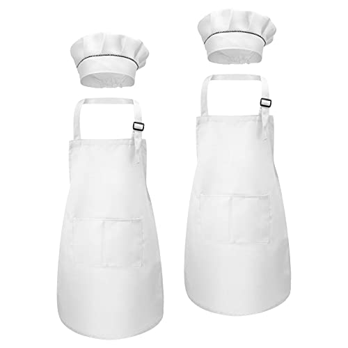Fodlon Blanco Delantal y Gorro Cocina para Niños, Delantal de Cocina Gorro De Cocinero para Cocinar Hornear Pintura, Ajustable Infantil Delantal con 2 Bolsillos para Niñas Niñito 6-13 Años (2 Sets)