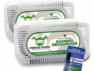Fridge Ninja Eliminador de Olores para Nevera, Desodorizante y Ambientador para Bolsa de Almuerzo - Purificador de Aire Reutilizable Natural de Carbón Activado - 2 Paquetes + Termómetro para Nevera