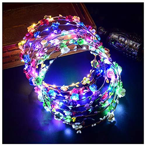 FunPa Corona Flores Led, 7 unids Garland Diademas Luminosas 10 Leds Bohemia Diadema Flores LED Headwear Floral Corona Tiara Decoración de La Boda Coronas de Flores para Niñas Mujeres