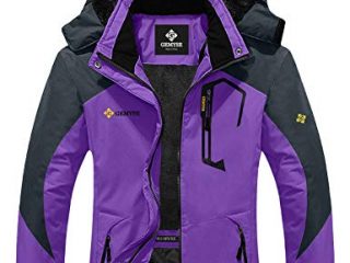 GEMYSE Chaqueta de Esquí Impermeable de Montaña para Mujer Abrigo de Invierno de Lana Antiviento con Capucha (Morado Gris,L)