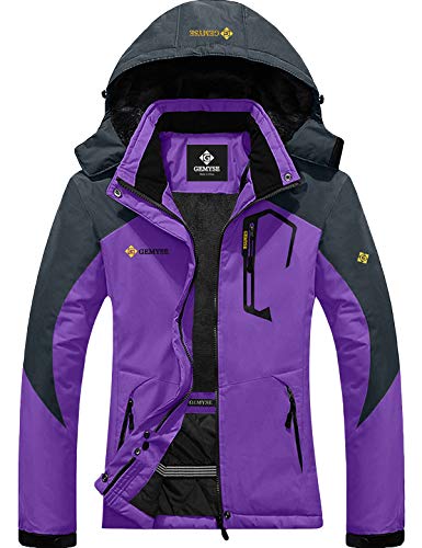 GEMYSE Chaqueta de Esquí Impermeable de Montaña para Mujer Abrigo de Invierno de Lana Antiviento con Capucha (Morado Gris,L)