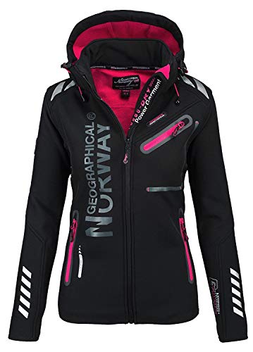 Geographical Norway REVEUSE LADY - Chaqueta Softshell Impermeable Mujer - Capucha Exteriores - Jacket Resistente Cortavientos Invierno - Senderismo Actividades Aire Libre Negro / Rosa M - Talla 2