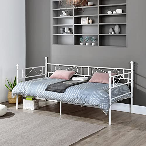 GrandCA HOME Metálica diván Cama de Metal Marco de Cama para Adultos -Sofá Cama-Blanco (90_x_190_cm, White)