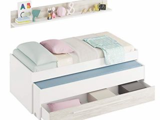 Habitdesign Cama Nido Juvenil, Dos Camas + Cajon + Estante, Cama Infantil, Modelo Elliot, Acabado en Color Blanco Artik y Blanco Velho, Medidas: 199 cm (Ancho) x 96 cm (Fondo) x 65 cm (Alto)