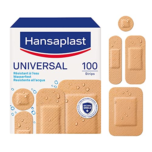 Hansaplast Universal - 100 apósitos resistentes al agua y al polvo, estériles, precortados, para toda la familia