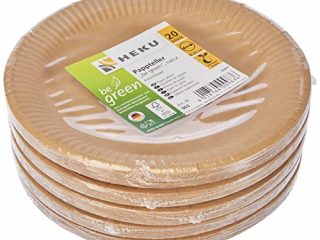 HEKU 30963: 100 platos de papel bio be Green redondos, 23 cm de diámetro, fibra fresca, certificado FSC,