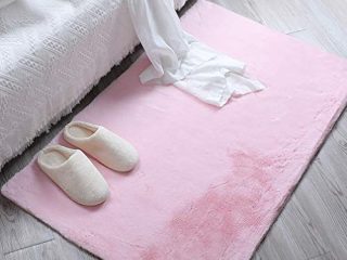 HEQUN Alfombra De Piel De Conejo Artificial,Antideslizante Lujosa Suave Lana Artificial Alfombra para salón Dormitorio baño sofá Silla cojín (Rosa, 60x90cm)