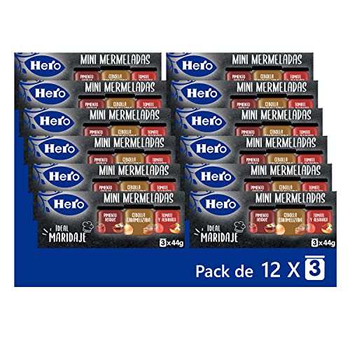 Hero Mermeladas Maridaje, Sabores Surtidos: Cebolla Caramelizada, Pimiento Asado Y Tomate Con Albahaca, Pack De 12 Estuches De 3x44gr, Para Canapés Y Entrantes, Total Tarritos, 36 Unidad
