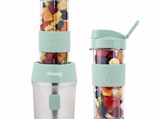 H.Koenig - Mini batidora portátil compacta (570 ml, SMOO18, sin BPA, 300 W, 2 botellas portátiles, 4 cuchillas de acero inoxidable, 2 botellas con tapas de viaje incluidas, color verde pastel