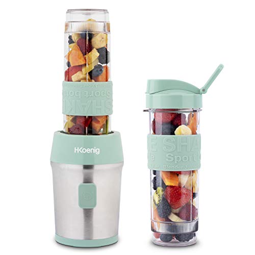 H.Koenig - Mini batidora portátil compacta (570 ml, SMOO18, sin BPA, 300 W, 2 botellas portátiles, 4 cuchillas de acero inoxidable, 2 botellas con tapas de viaje incluidas, color verde pastel