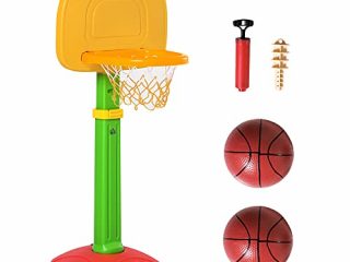 HOMCOM Canasta de Baloncesto Infantil con Altura Ajustable 2 Pelotas e Inflador para Niños +3 Años Juguetes Deportivos en Interiores y Exteriores 52,5x44x120-160 cm Multicolor
