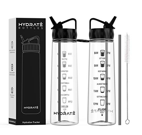 HYDRATE Tracker Botella de agua con pajita de 900ml - con marcas de tiempo motivacionales, libre de BPA (Negro)