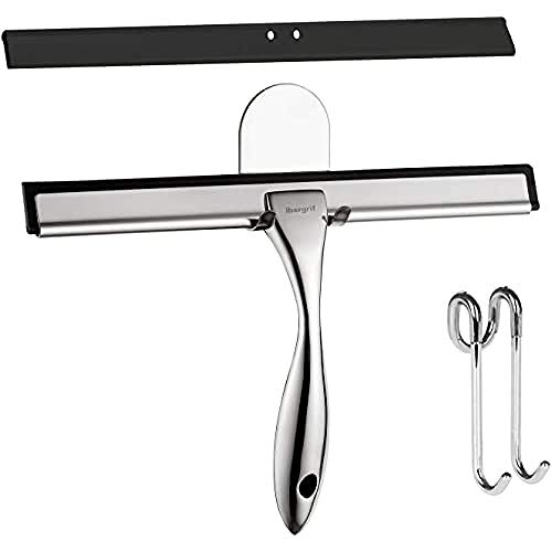 Ibergrif M34101 Escobilla de Goma Acero, Limpiacristales de Ducha y con 1 Cuchilla de Silicona de Repuesto, Rasqueta Mampara, Cromo