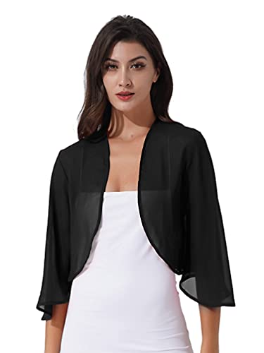 iiniim Cardigan Mujer Corto Torera Cárdigan de Gasa Elegante Chaqueta para Boda Fiesta Bolero Corto Mujer Chal de Playa Mujer Manga 3/4 para Primavera Verano Negro Talla Única