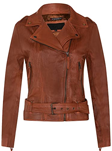 Infinity Leather Chaqueta para Damas de Cuero Genuino de Napa Color Coñac Claro Estilo Motociclista Fashion Brando 2XL