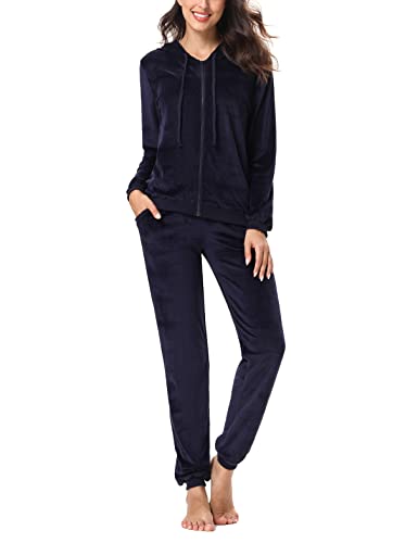 Irevial Conjunto Chandal Mujer de Terciopelo Chándal Mujer Completo Terciopelo Conjunto Deportivo Sudadera Manga Larga con Cremallera y Pantalones, Pijamas Dos Piezas Terciopelo Azul Real, XXL