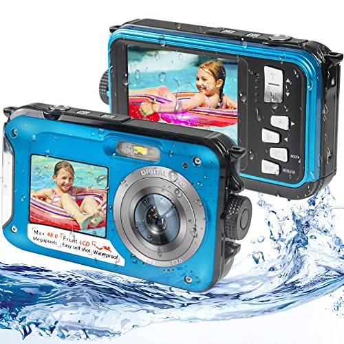 iSunFun Camara Acuatica Camara Sumergibles HD 2.7K 48MP Camara de Fotos Acuatica con Pantalla Dual Zoom Digital 16X