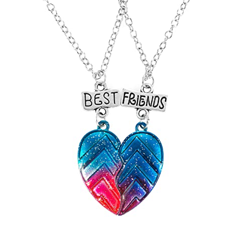 Juego de 2 cadenas de amistad arcoíris con grabado Best Friends para niños niñas, parejas, colgantes de cadena de corazón para mujer de plata, cadena de hasl joyería regalos para mejores amigos