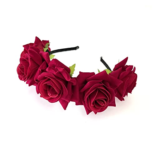 JZK® Rojo Corona Flores Diadema Tiara Guirnalda Flores Pelo Cabeza Hairband Guirnalda Headpiece para Boda Novia Dama Honor Flores Chica Prom cumpleaño Fiesta Party Viaje fotografía