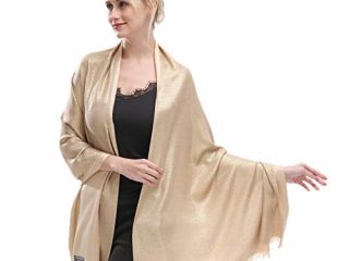 KAVINGKALY Pashmina Bufanda Para Mujeres Resplandor Brillo Mantones Y Abrigos Reversibles Para Vestidos De Noche (Oro)