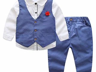Kimocat - Traje Formal de Algodón para Bebé Niño Elegante con Cintura Elástica Conjunto de Boda Fiesta Ceremonia Bautizo con Flor de Pecho - Azul - 2-3 Años